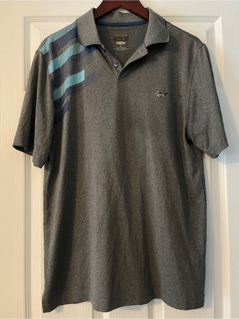 Greg Norman Collection Charcoal Polo with Teal and Navy Shoulder Stripes